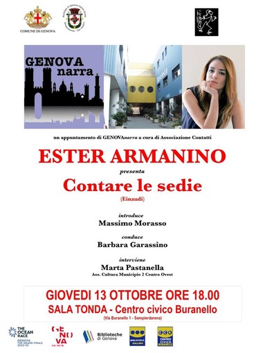 Il 13 ottobre alle 18 presso il centro civico Buranello la presentazione del libro "Contare le sedie" di Ester Armanino Il 13 ottobre alle 18 presso il centro civico Buranello la presentazione del libro "Contare le sedie" di Ester Armanino