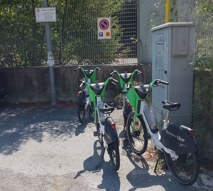 Alcune biciclette del bike sharing abbandonate sopra un parcheggio per portatori di handicap Alcune biciclette del bike sharing abbandonate sopra un parcheggio per portatori di handicap