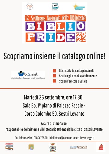 BiblioPride 2023, martedì l'incontro per scoprire come utilizzare il catalogo on line del Sistema Bibliotecario di Sestri Levante BiblioPride 2023, martedì l'incontro per scoprire come utilizzare il catalogo on line del Sistema Bibliotecario di Sestri Levante