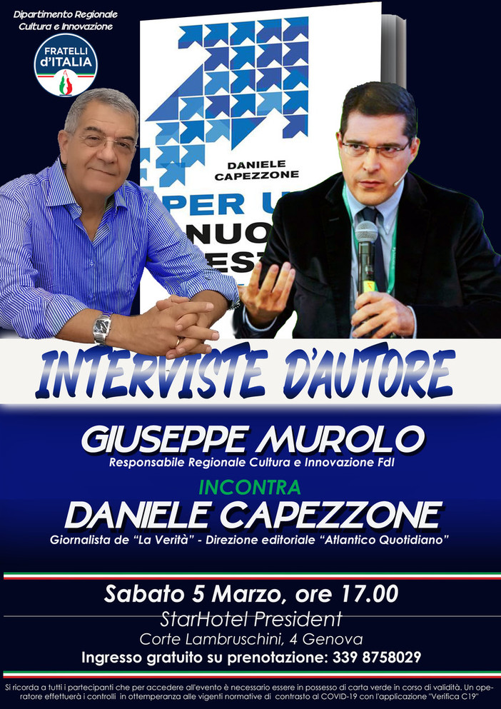'Interviste d'Autore': sabato 5 marzo incontro con l'ex deputato Daniele Capezzone e il suo ultimo libro 'Per una nuova destra'