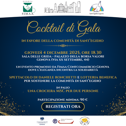Oltre 100 persone attese al Cocktail di Gala benefico di Fimaa Confcommercio Genova a sostegno della Comunità di Sant’Egidio Oltre 100 persone attese al Cocktail di Gala benefico di Fimaa Confcommercio Genova a sostegno della Comunità di Sant’Egidio