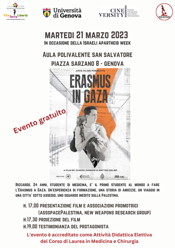 “Erasmus a Gaza”, la storia dello studente Riccardo Corradini alla Sala Polivalente San Salvatore di Genova