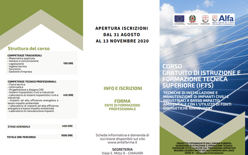 Ente Forma Chiavari: al via il corso gratuito di istruzione e formazione tecnica superiore (IFTS) Ente Forma Chiavari: al via il corso gratuito di istruzione e formazione tecnica superiore (IFTS)