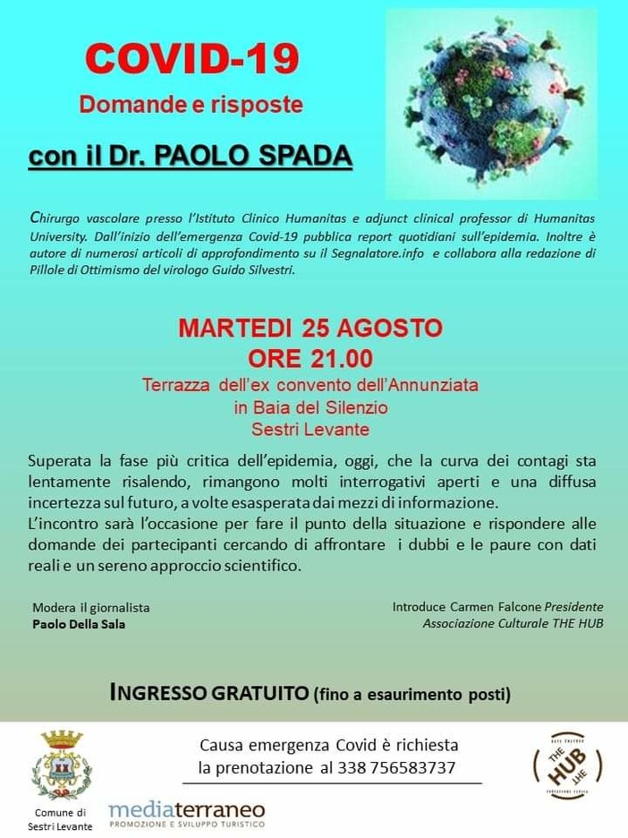 "Facciamo chiarezza sul Covid-19". Al complesso dell'Annunziata di Sestri Levante incontro con il Dr. Paolo Spada