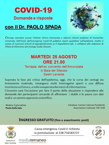 &quot;Facciamo chiarezza sul Covid-19&quot;. Al complesso dell'Annunziata di Sestri Levante incontro con il Dr. Paolo Spada