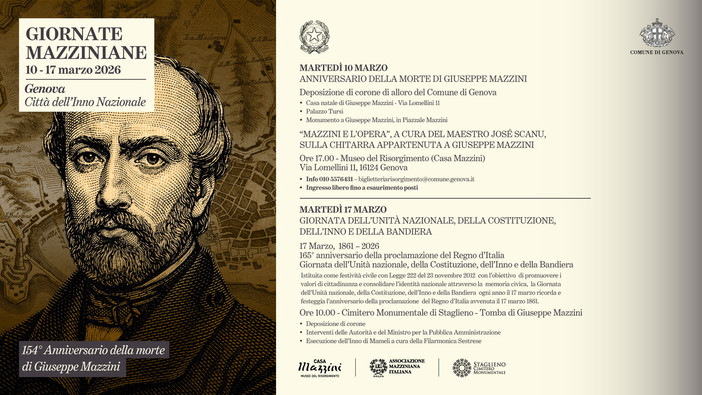 Giornate Mazziniane 2026, Genova rende omaggio a Giuseppe Mazzini tra commemorazioni, musica e cerimonie ufficiali