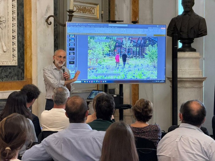 Un intervento di depavimentazione spiegato nel Salone di Rappresentanza di Palazzo Tursi Un intervento di depavimentazione spiegato nel Salone di Rappresentanza di Palazzo Tursi