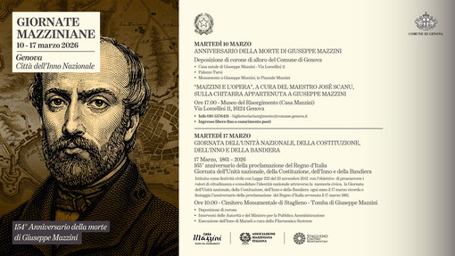 Giornate Mazziniane 2026, Genova rende omaggio a Giuseppe Mazzini tra commemorazioni, musica e cerimonie ufficiali