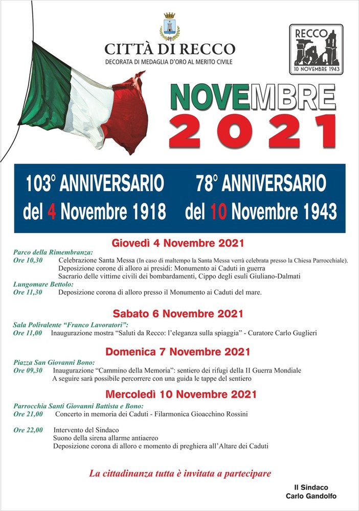 Recco: le ricorrenze di novembre, le celebrazioni della Giornata dell'Unità Nazionale e delle Forze Armate