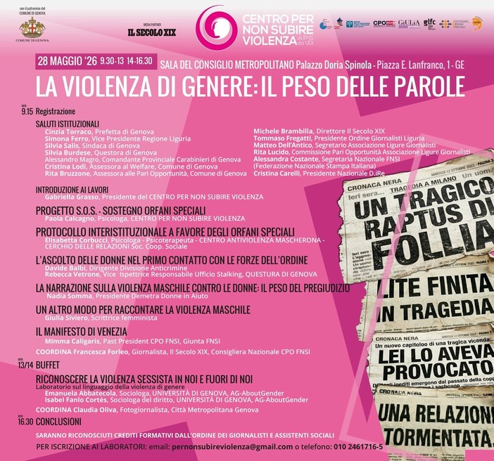 "La violenza di genere: il peso delle parole", a Genova un convegno per riflettere sul linguaggio dei media
