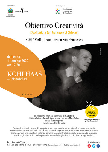 Chiavari: domenica 11 ottobre all'Auditorium San Francesco in scena 'Kohlhaas' con Marco Baliani