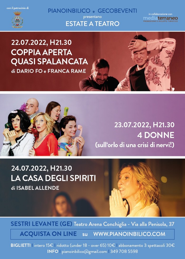 Sestri Levante, dal 22 al 24 luglio tre serate al Teatro Arena Conchiglia