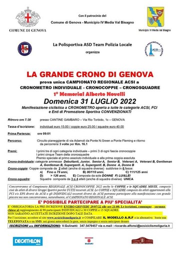 Domenica la grande Crono di Genova organizzata dal gruppo sportivo della Polizia Locale