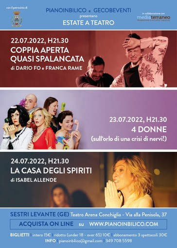 Sestri Levante, dal 22 al 24 luglio tre serate al Teatro Arena Conchiglia Sestri Levante, dal 22 al 24 luglio tre serate al Teatro Arena Conchiglia