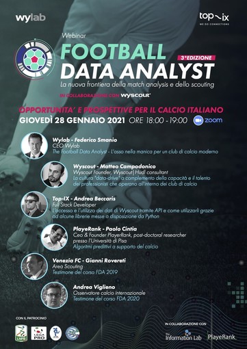 La terza edizione del corso per Football Data Analyst venerdì in diretta streaming su zoom
