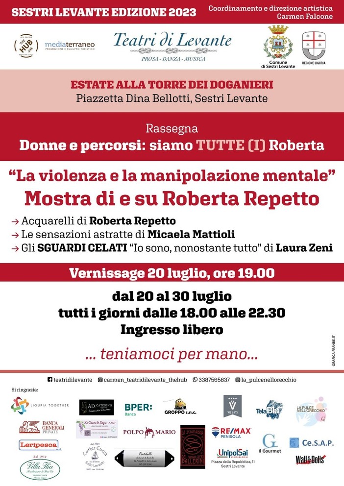 Sestri Levante, da giovedì 20 luglio la mostra di e su Roberta Repetto “La violenza e la manipolazione mentale” Sestri Levante, da giovedì 20 luglio la mostra di e su Roberta Repetto “La violenza e la manipolazione mentale”
