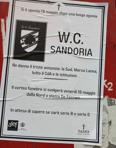 Funerale Samp, logo di A.Se.F. sul falso manifesto funebre: scatta l'azione legale Funerale Samp, logo di A.Se.F. sul falso manifesto funebre: scatta l'azione legale