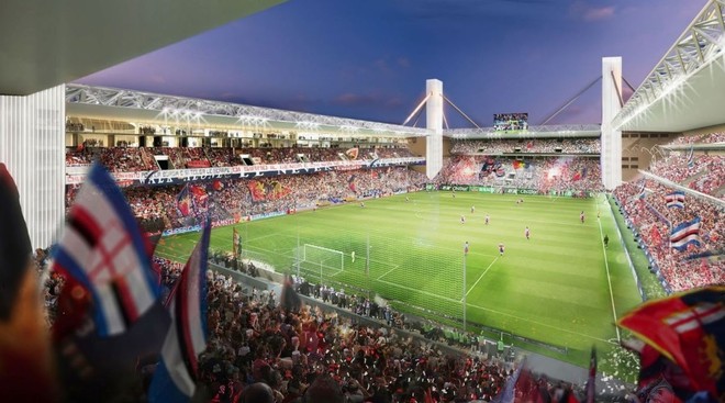 Il rendering del nuovo stadio di Genova Il rendering del nuovo stadio di Genova