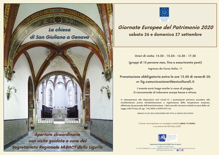 Giornate Europee del Patrimonio 2020: il Segretariato Regionale MiBACT per la Liguria contribuisce all'evento