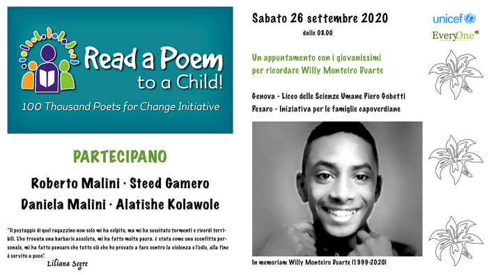 Unicef/Monte di Portofino amici dei bambini e degli adolescenti con a Poem to a Child: studenti del Liceo delle Scienze Umane ricordano Willy con i 100 Thousand Poets for Change