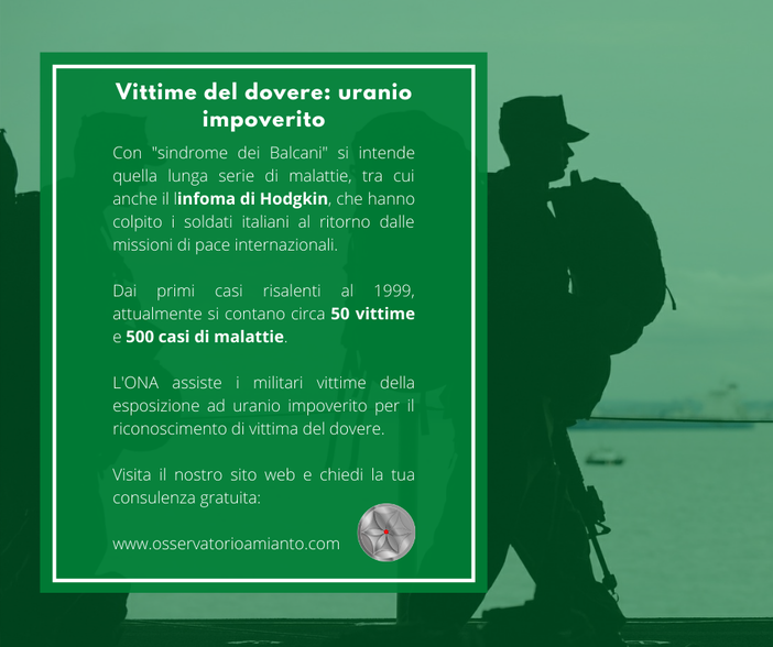 Uranio impoverito e amianto: il Colonnello Calcagni insieme all’ONA per tutelare le vittime Uranio impoverito e amianto: il Colonnello Calcagni insieme all’ONA per tutelare le vittime