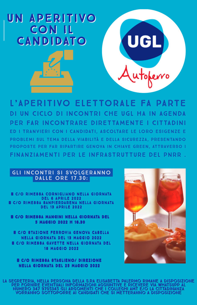 'Aperitivo con il candidato', il 13 aprile Ugl organizza un incontro con Lodi, Maresca, Giordano e Ariotti
