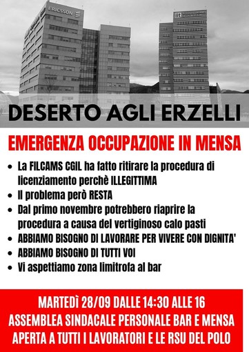 Erzelli, a rischio 29 posti di lavoro in mensa: martedì 28 settembre assemblea sindacale al Polo Tecnologico