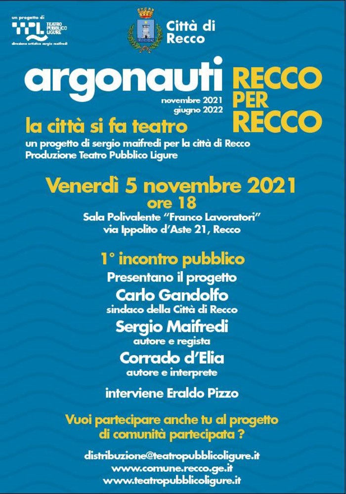 Argonauti, Recco per Recco la città si fa teatro: venerdì 5 novembre la presentazione presso la sala Polivalente