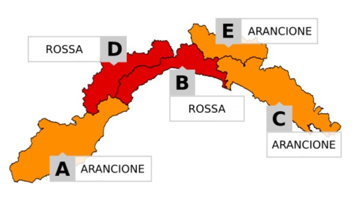Confermata l'allerta rossa nel centro della Liguria (zone B e D) dalle 20 di stasera: domani 21 ottobre scuole chiuse nelle zone "rosse"