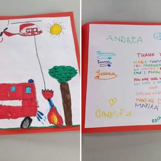 Incendio nell’albenganese, da alcuni bimbi un grande “Thank you” per i vigili del fuoco: "Siete i nostri eroi"