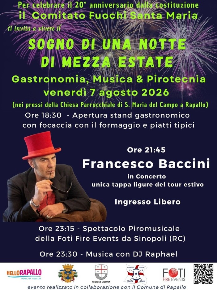 Il Comitato Fuochi Santa Maria celebra vent'anni e festeggia con Francesco Baccini Il Comitato Fuochi Santa Maria celebra vent'anni e festeggia con Francesco Baccini