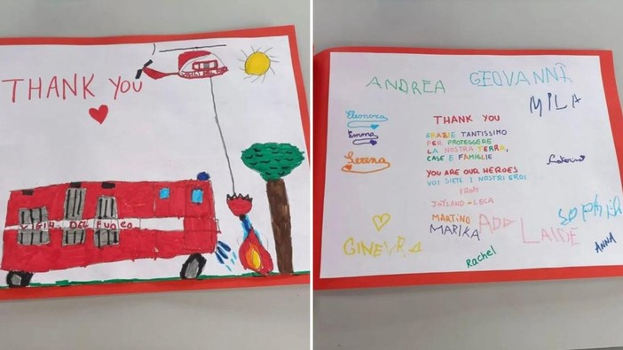 Incendio nell’albenganese, da alcuni bimbi un grande “Thank you” per i vigili del fuoco: "Siete i nostri eroi"