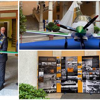 Cent'anni di Aeronautica militare: nel cortile di Palazzo Tursi il velivolo Dardo e 32 pannelli fotografici (Foto e video)