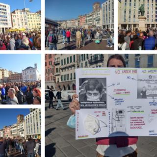&quot;No green pass&quot;, manifestazione, corteo e concerto dei coristi del Carlo Felice in piazza della Vittoria (FOTO e VIDEO)