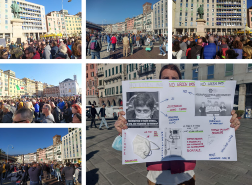 "No green pass", manifestazione, corteo e concerto dei coristi del Carlo Felice in piazza della Vittoria (FOTO e VIDEO) "No green pass", manifestazione, corteo e concerto dei coristi del Carlo Felice in piazza della Vittoria (FOTO e VIDEO)