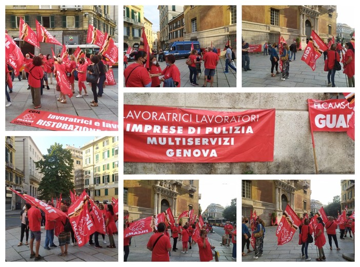 Manifestazione Cgil davanti alla Prefettura di Genova: la protesta di lavoratrici e lavoratori in appalto per i servizi di ristorazione, pulimento e vigilanza (FOTO e VIDEO)