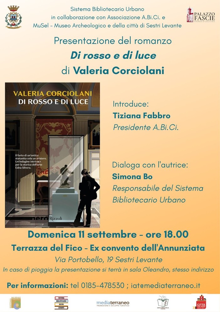 Sestri Levante, al Convento dell'Annunziata la presentazione del romanzo 'Di rosso e di luce' di Valeria Corciolani Sestri Levante, al Convento dell'Annunziata la presentazione del romanzo 'Di rosso e di luce' di Valeria Corciolani