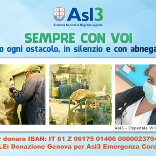 Attiva da oggi la campagna raccolta fondi per l'emergenza Coronavirus &quot;Asl3 sempre con voi&quot;