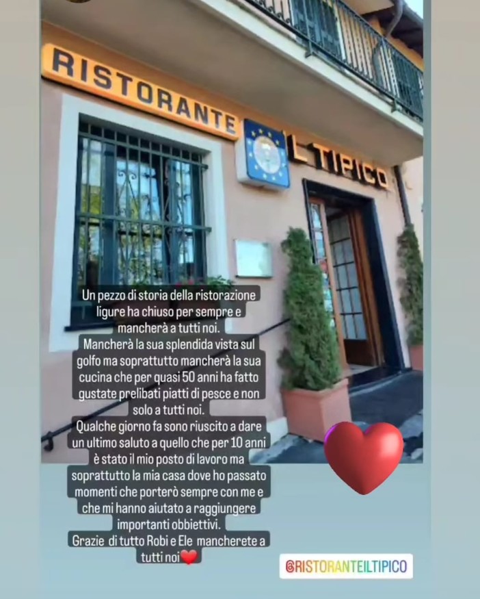 Bogliasco, chiude lo storico ristorante 'Il Tipico': &quot;Grazie a tutti i nostri clienti&quot;
