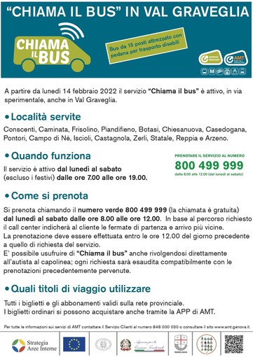 Area interna Valli dell’Antola e del Tigullio: al via da lunedì il servizio sperimentale ‘bus a chiamata’ in Val Graveglia Area interna Valli dell’Antola e del Tigullio: al via da lunedì il servizio sperimentale ‘bus a chiamata’ in Val Graveglia