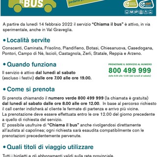 Area interna Valli dell’Antola e del Tigullio: al via da lunedì il servizio sperimentale ‘bus a chiamata’ in Val Graveglia