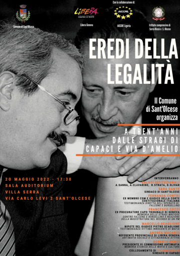 Eredi della legalità, il 20 maggio l'incontro nella sala Auditorium di villa Serra a Sant'Olcese