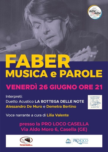 “Faber Musica e Parole” fa tappa a Casella: cena e spettacolo alla Pro Loco nel segno di De André “Faber Musica e Parole” fa tappa a Casella: cena e spettacolo alla Pro Loco nel segno di De André