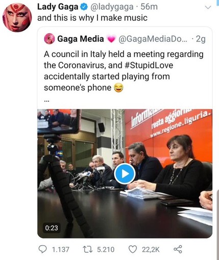 Effetti collaterali del caos Coronavirus: l'amministrazione regionale finisce in un tweet di Lady Gaga Effetti collaterali del caos Coronavirus: l'amministrazione regionale finisce in un tweet di Lady Gaga