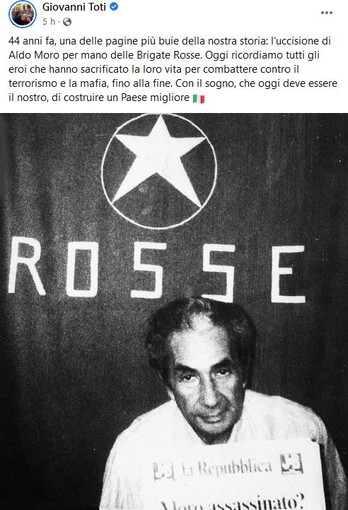 Toti sull'anniversario dell'uccisione di Aldo Moro: "Ricordiamo gli eroi vittime di mafia e terrorismo"