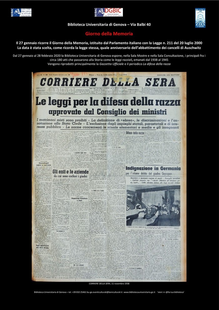 Giorno della Memoria: la biblioteca universitaria di Genova espone gli atti che passarono alla storia come leggi razziali Giorno della Memoria: la biblioteca universitaria di Genova espone gli atti che passarono alla storia come leggi razziali