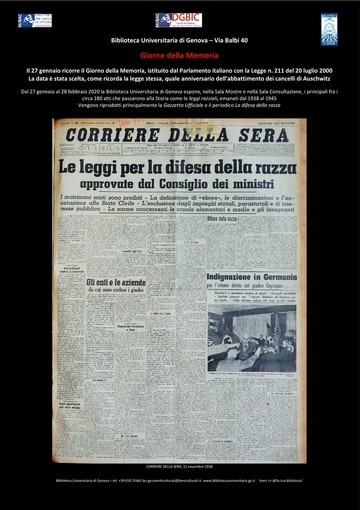 Giorno della Memoria: la biblioteca universitaria di Genova espone gli atti che passarono alla storia come leggi razziali