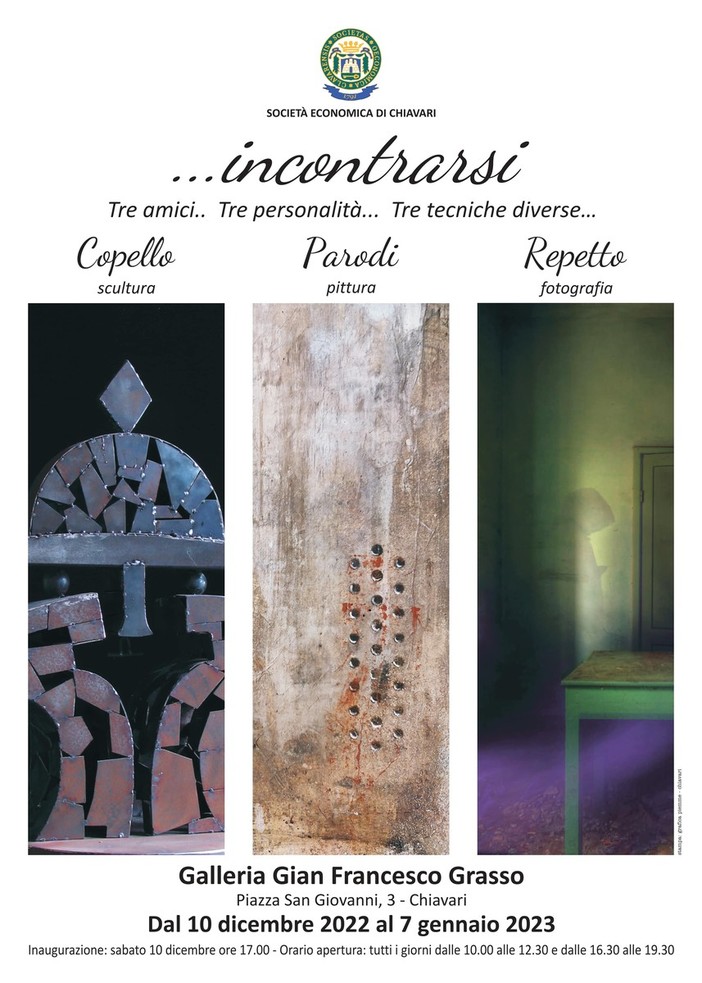 "Incontrarsi...": i lavori Andrea Copello, Stefano Parodi e Paolo Repetto in mostra a Chiavari