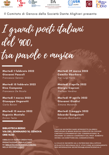 'I grandi poeti italiani del '900, tra parole e musica': tutto pronto per la serie di eventi a Genova 'I grandi poeti italiani del '900, tra parole e musica': tutto pronto per la serie di eventi a Genova