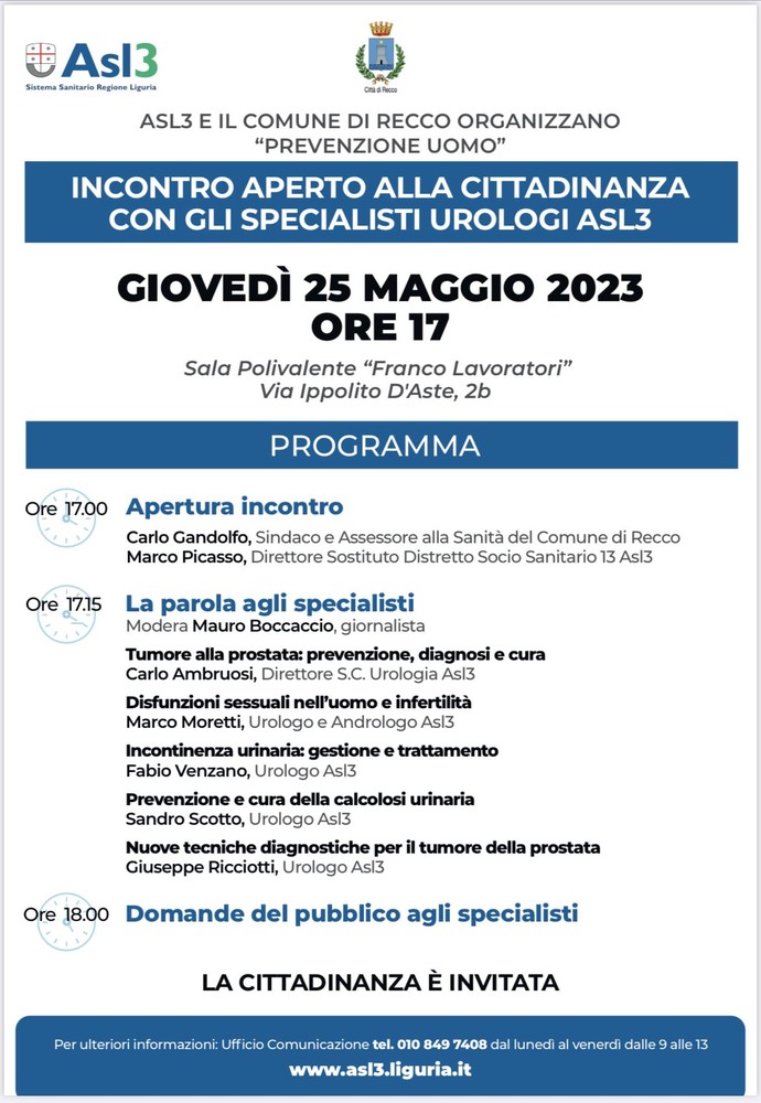 Prevenzione uomo, a Recco un incontro aperto alla cittadinanza organizzato da Asl3 e Comune Prevenzione uomo, a Recco un incontro aperto alla cittadinanza organizzato da Asl3 e Comune
